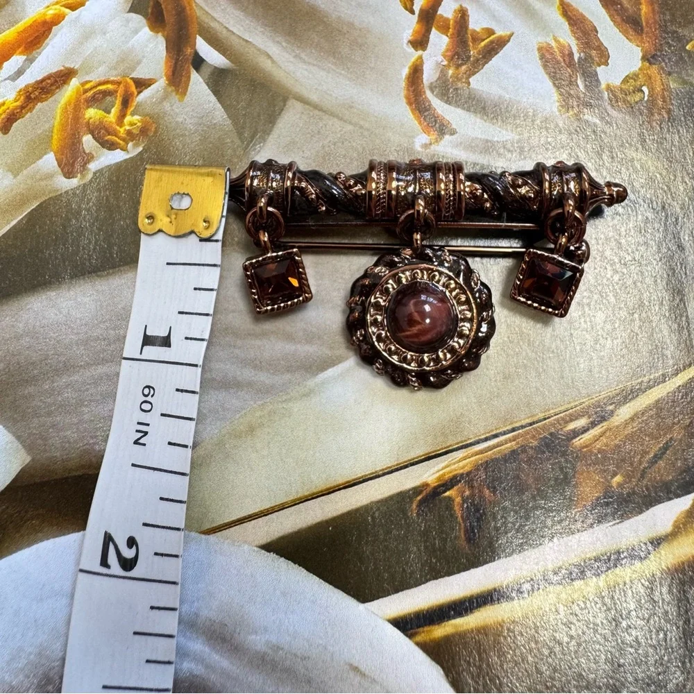 St John Vintage Enamel Bar Pin Brooch Brown Glass Crystal Dangling Charms